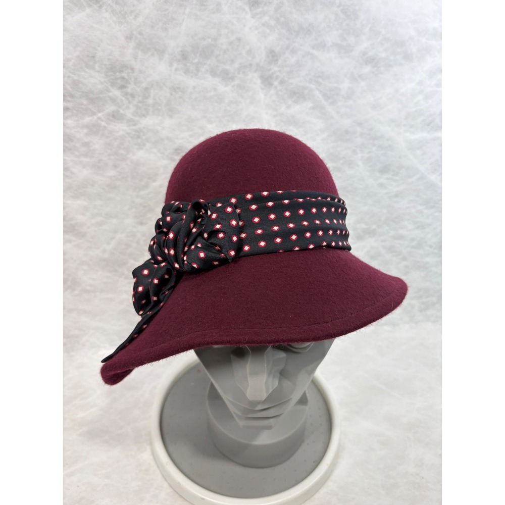 Kathy Jeanne Burgundy Wool‎ Feel Cloche Hat Geometric Ribbon Bow Made in USA